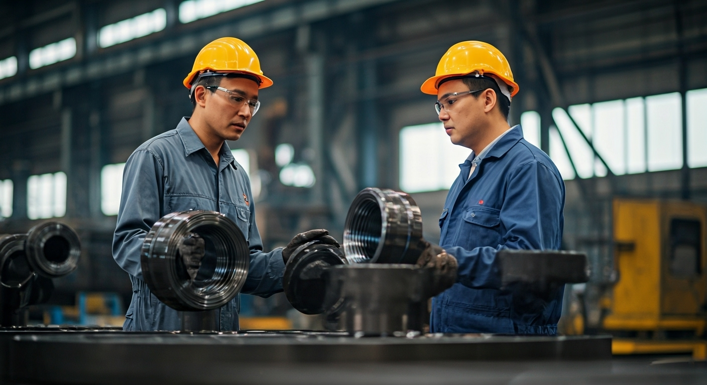 Engineers inspecting steel tee fittings