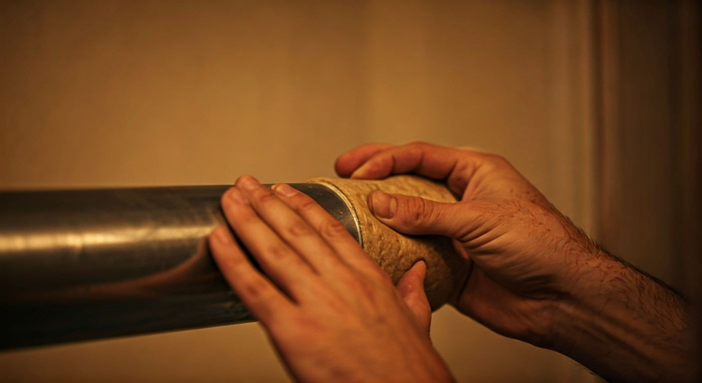 installing insulation pipe close-up