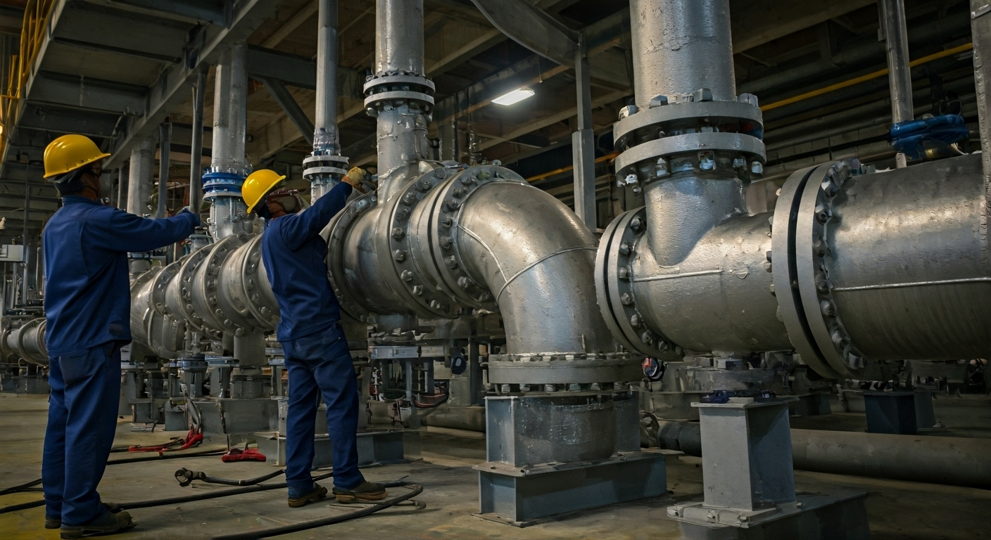 Workers installing butt weld fittings.