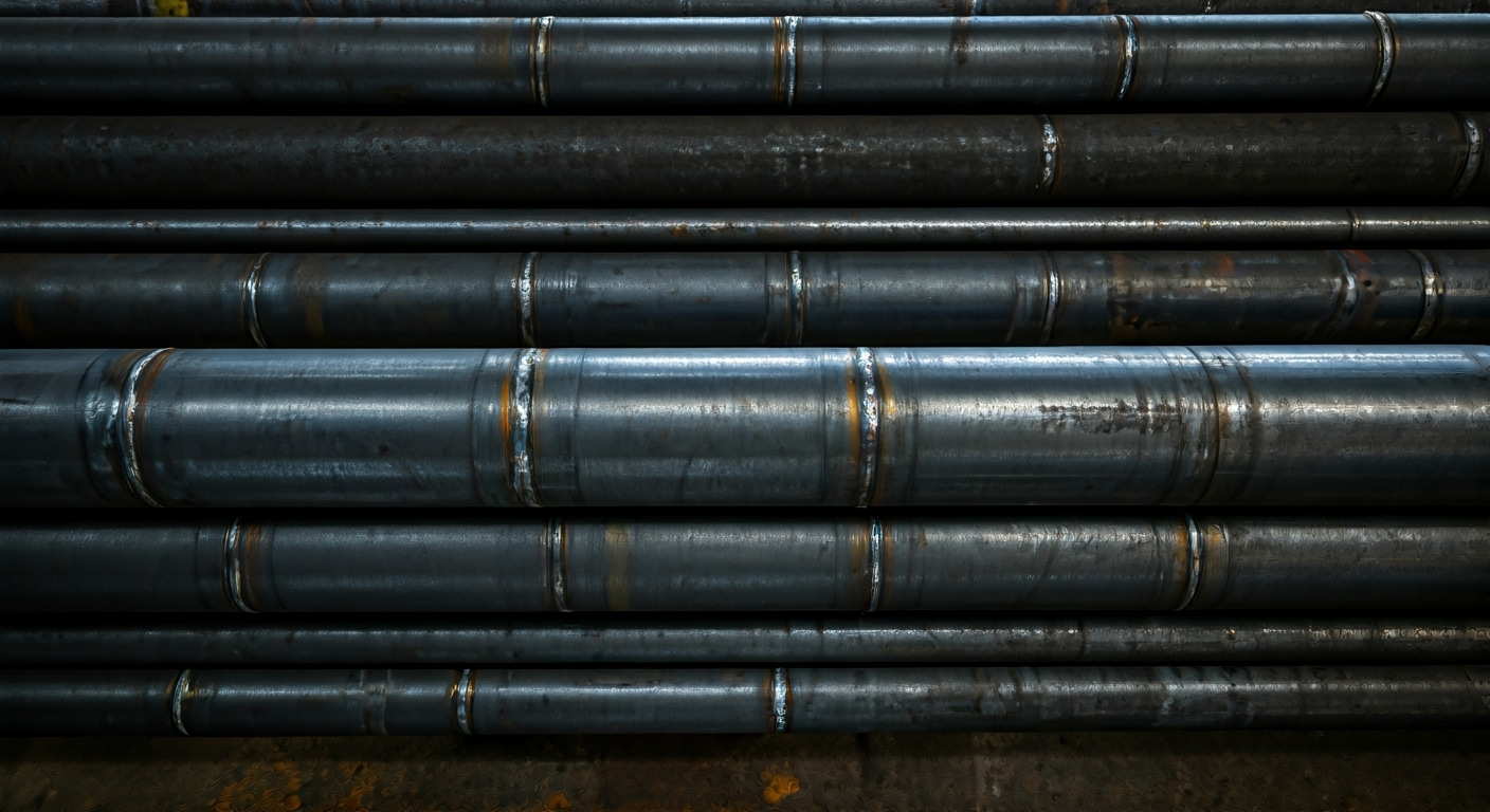 Steel tees and pipes on factory floor
