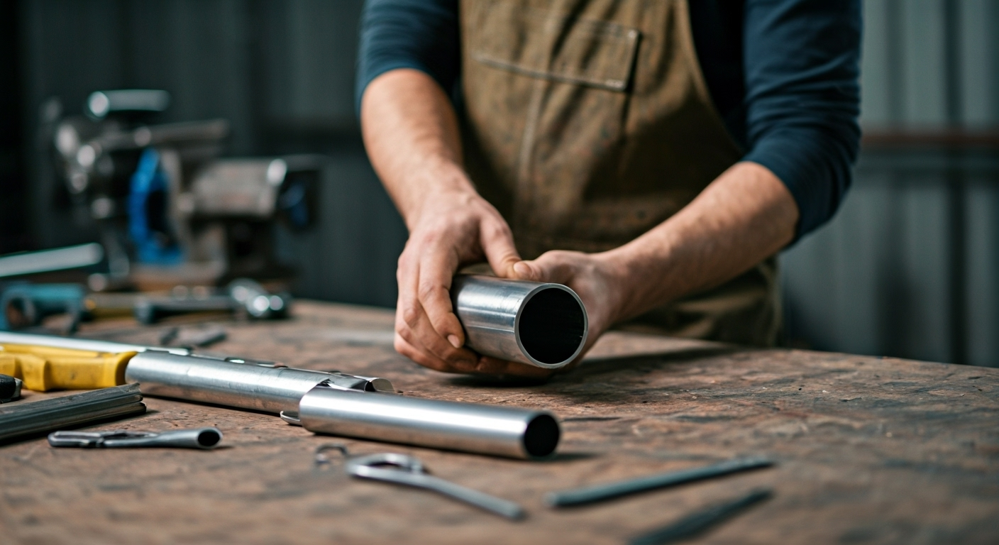 Worker preparing stainless elbow pipes