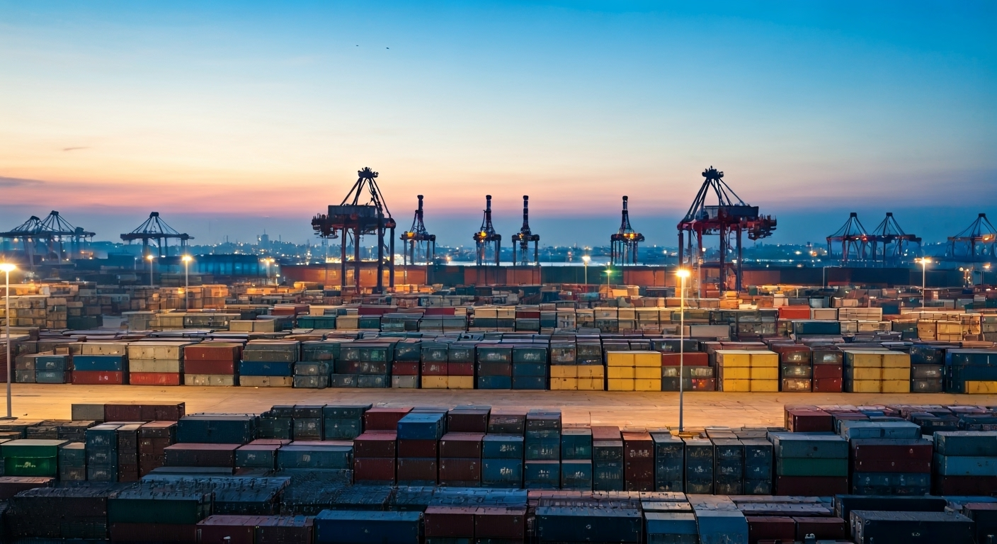 Chinese industrial port with steel cargo