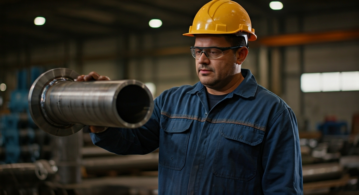 Worker inspecting steel fittings