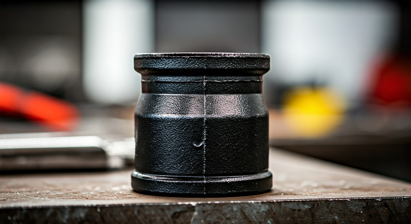 black 90-degree pipe elbow close-up