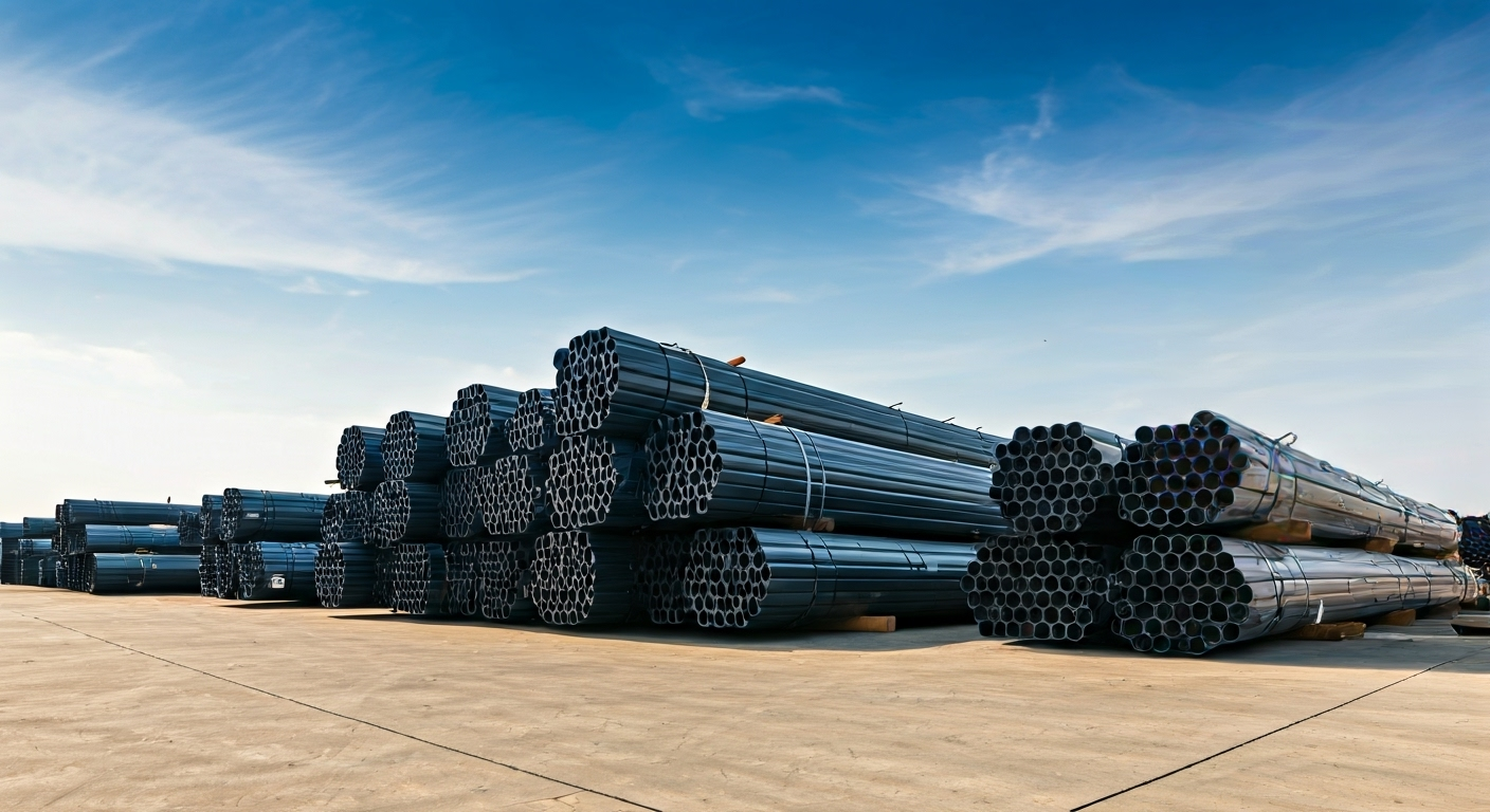 3PE steel pipes in storage yard