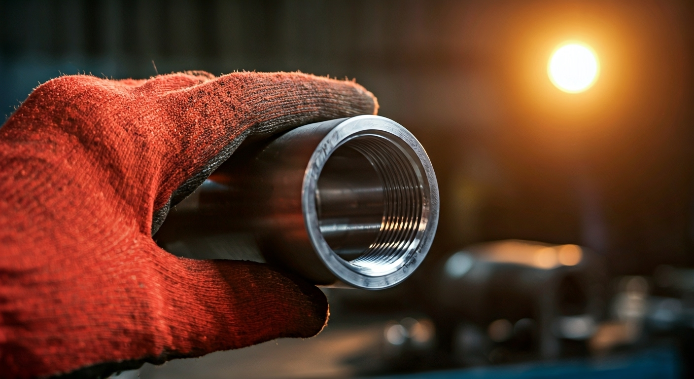 worker inspecting steel pipe fitting