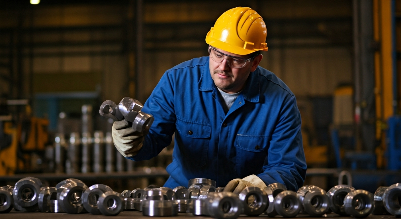 worker inspecting forged fittings