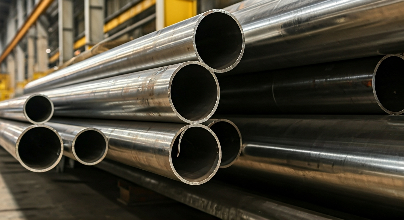 Stacked stainless steel pipes warehouse