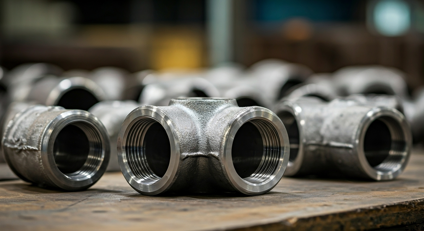 ASTM A234 WPB pipe fittings on a workbench