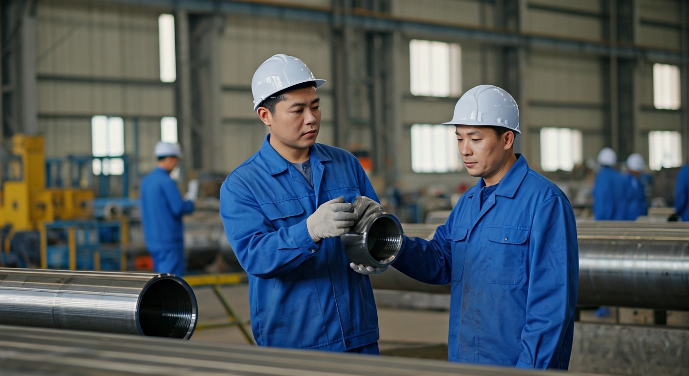 workers inspecting steel fittings
