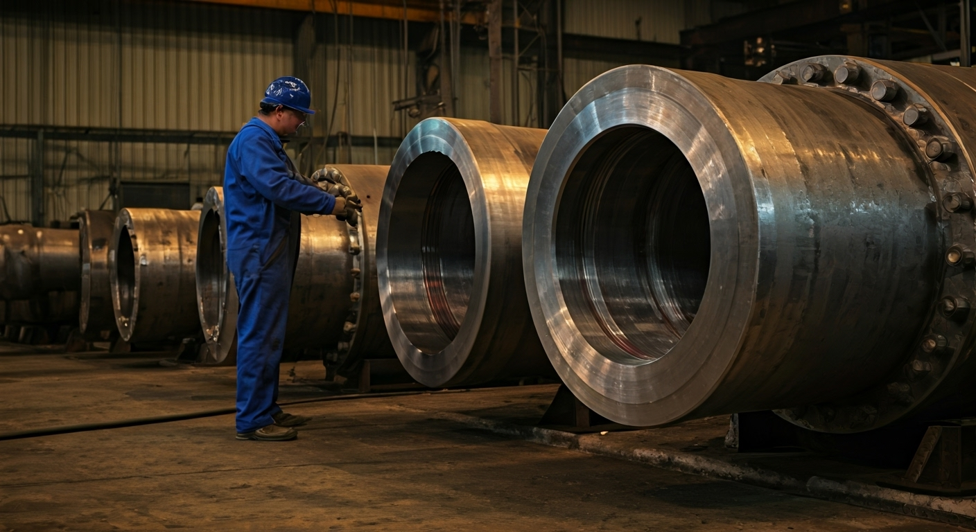 Worker inspects large pipe fittings