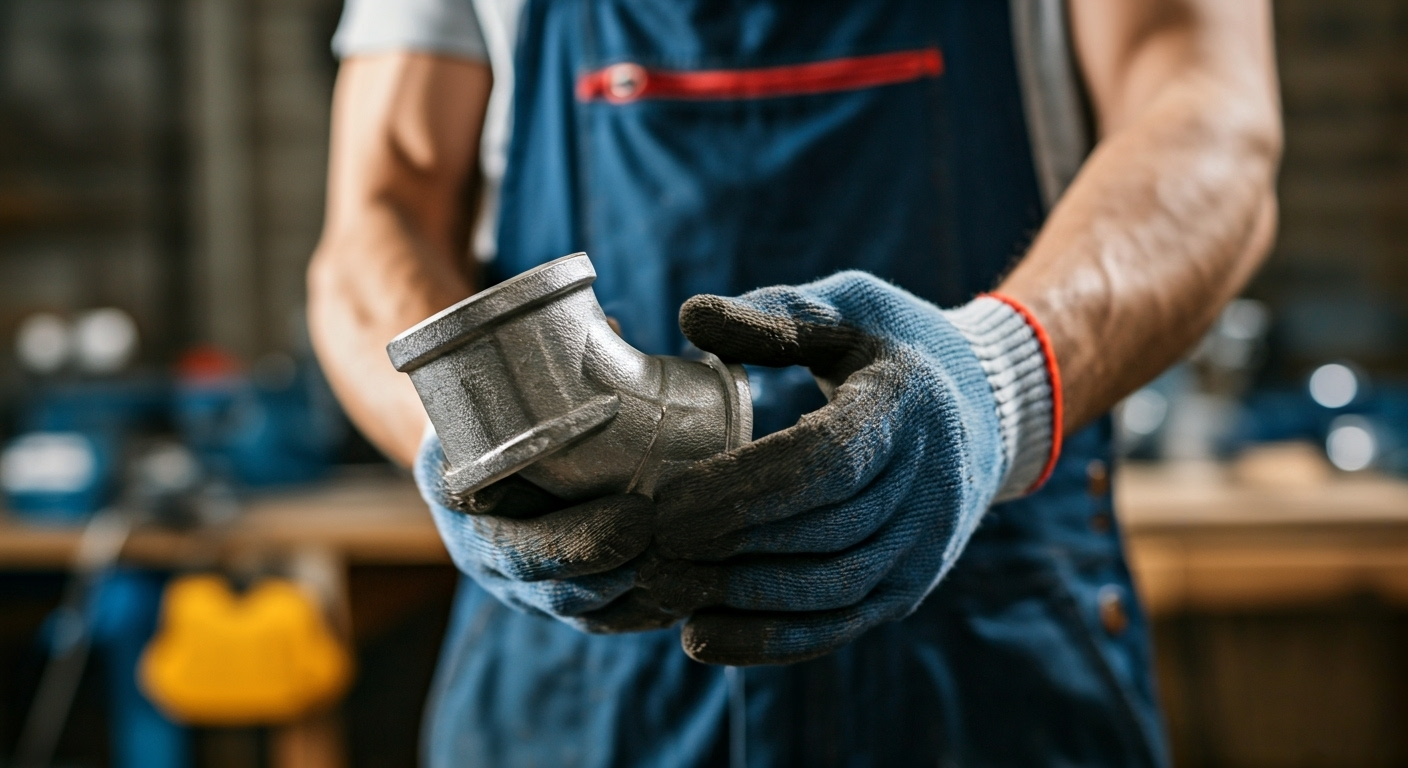 Plumber holding a pipe elbow