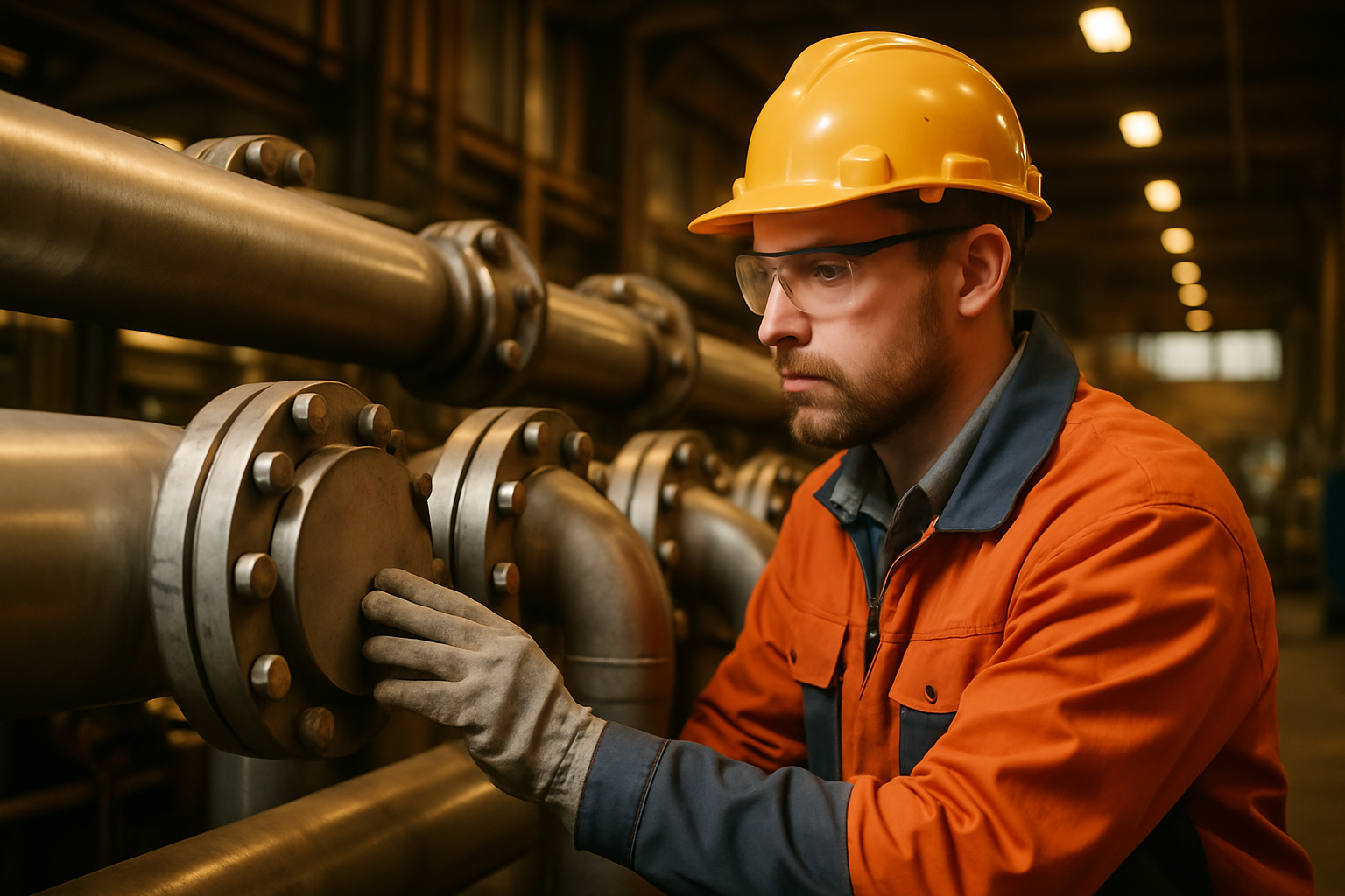 Worker inspecting blind flanges