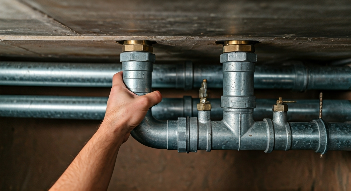 Plumber installing galvanized pipe