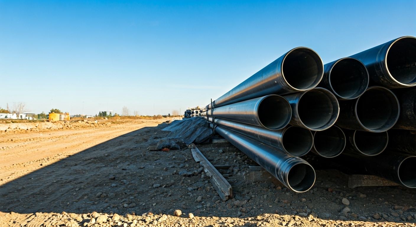 Stacked 3PE pipes at construction site