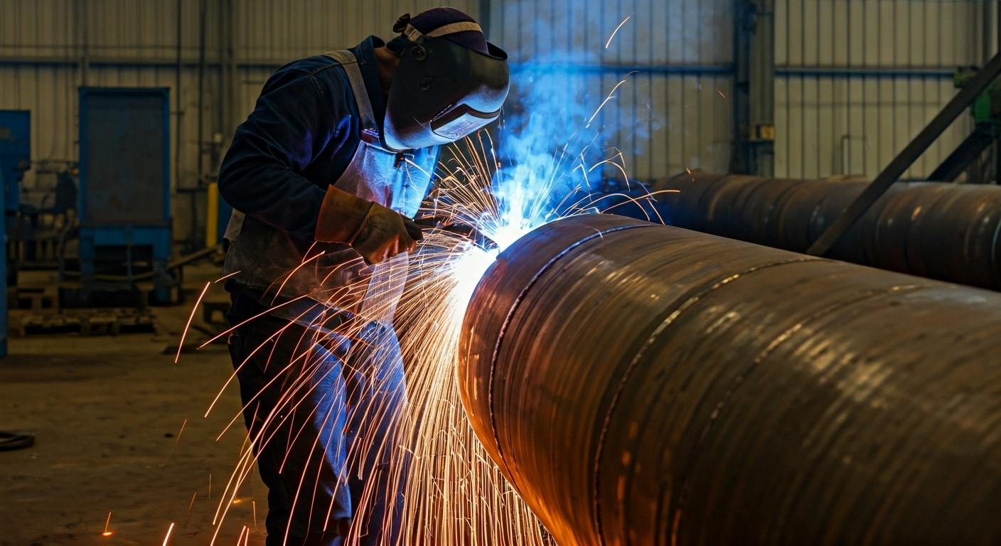 Worker welding pipe sections
