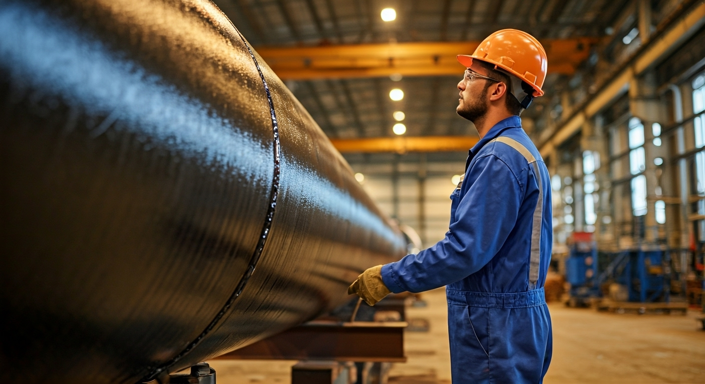 Worker inspecting FBE coated pipe