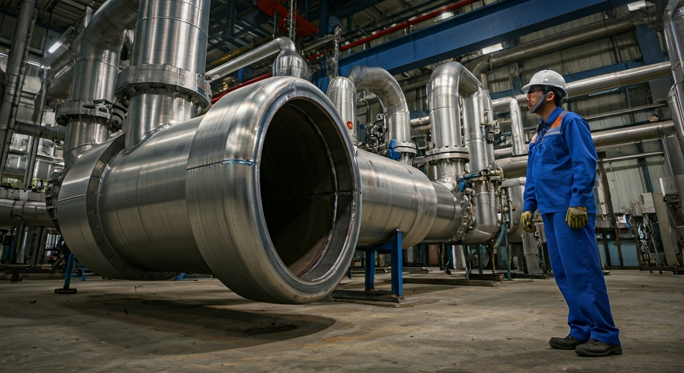 Worker inspects steel butt weld tee