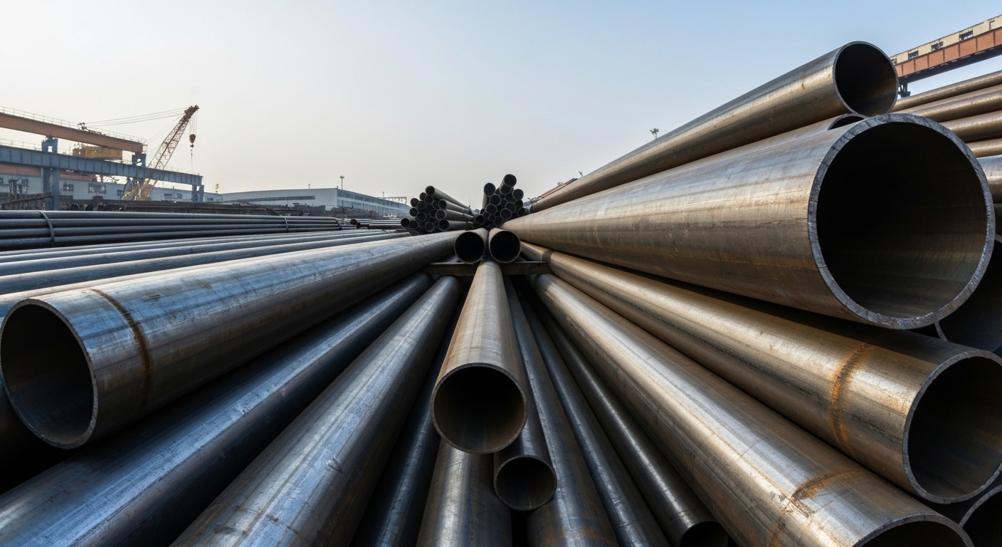 Seamless pipes stacked outdoors