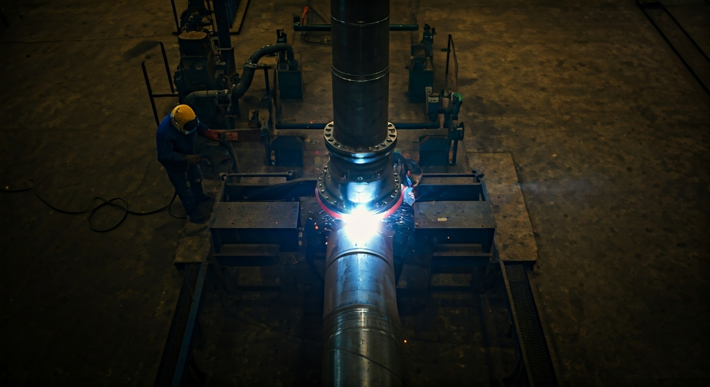 Welder installing reducer on pipes
