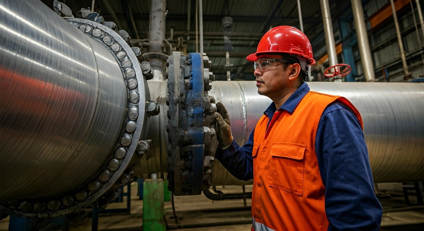 Worker inspects butt weld tees