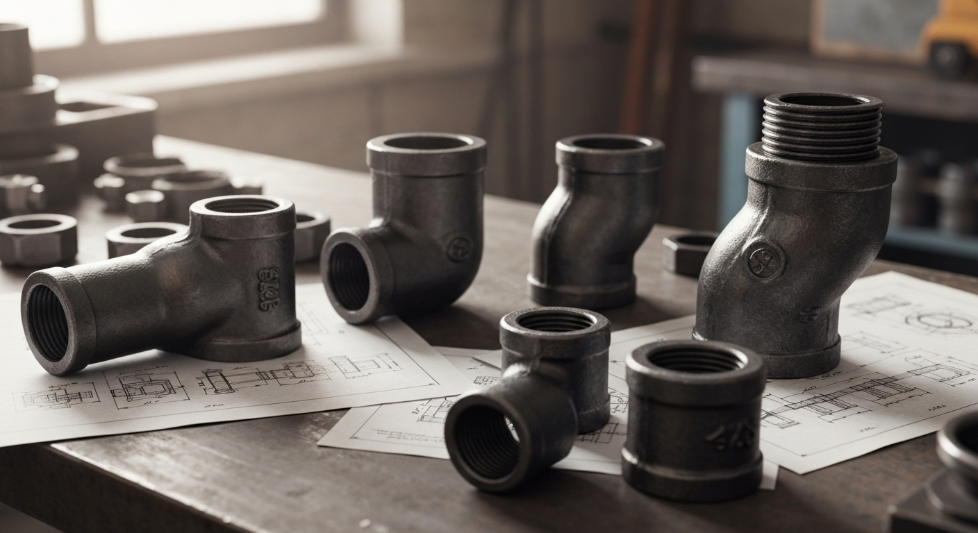 Steel pipe fittings on workbench