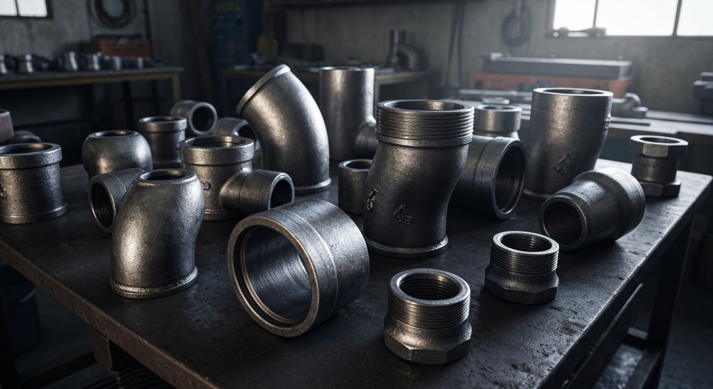 Assorted butt weld pipe fittings on table