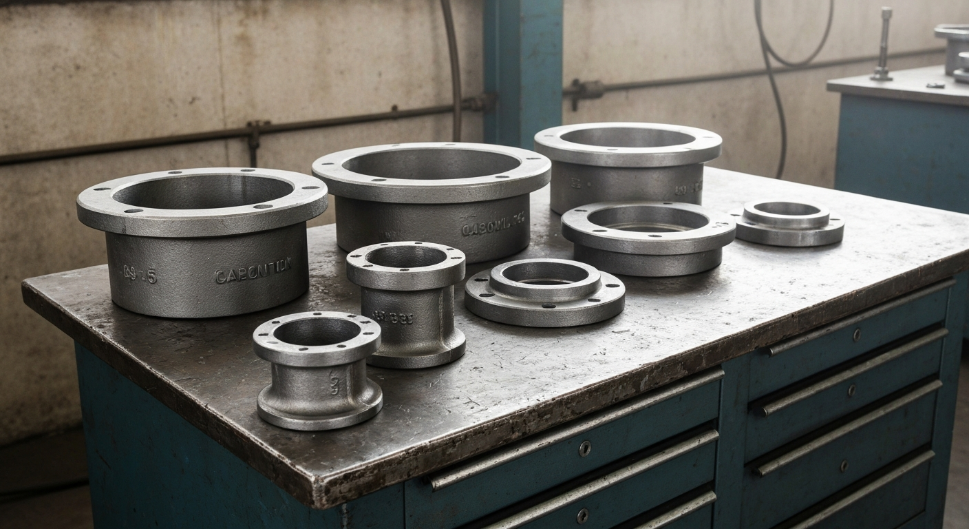 Carbon steel pipe reducers on workbench