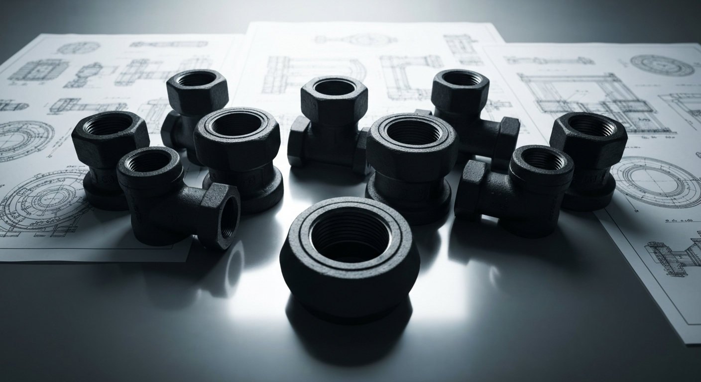 Black pipe fittings with blueprints