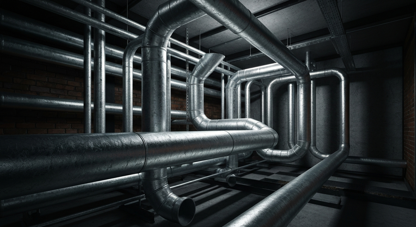 Interconnected galvanized pipes close-up